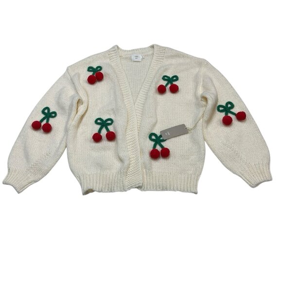 Ivy Luna Sweater Womens XS White 3D Cherry Oversized Cropped Cardigan Preppy - Picture 1 of 9